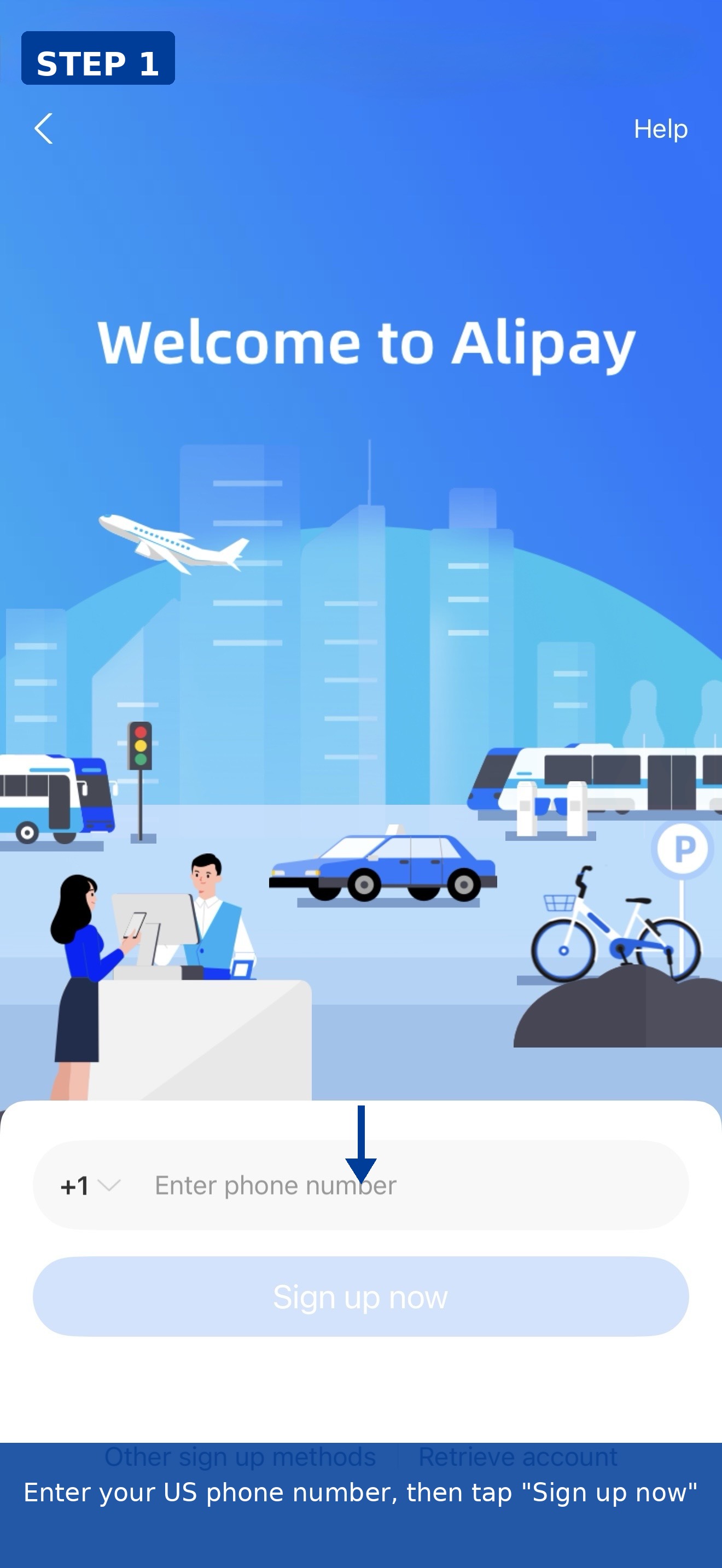 Alipay sign-up with US mobile number