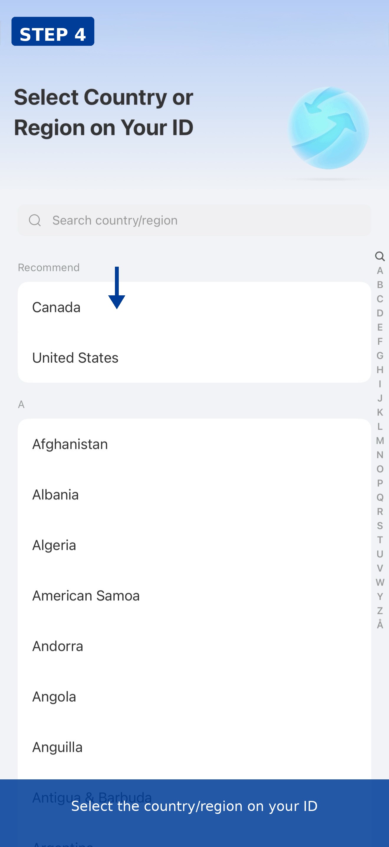 Select ID country or region