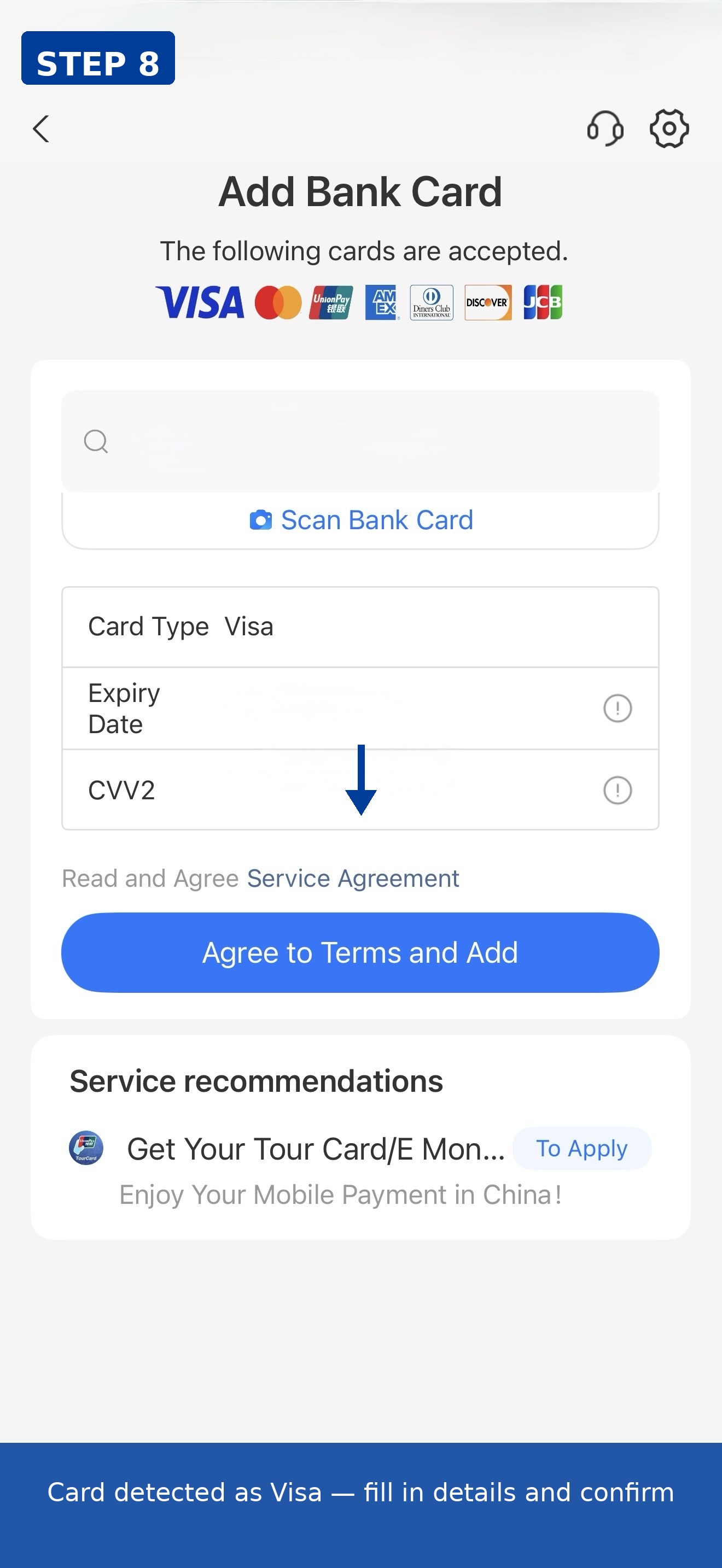 Card auto-detected as Visa
