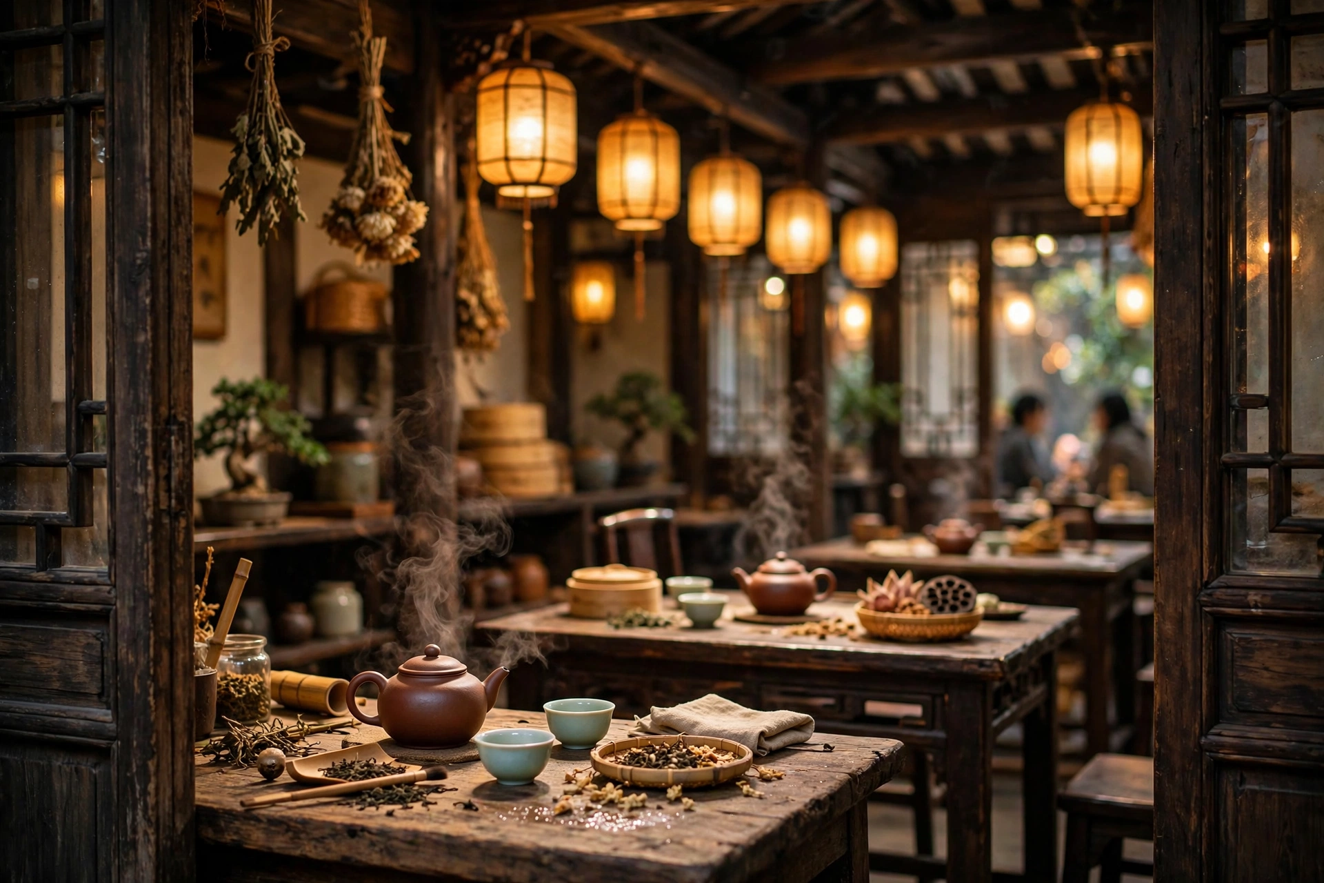Traditional Chinese tea house interior with warm lantern light