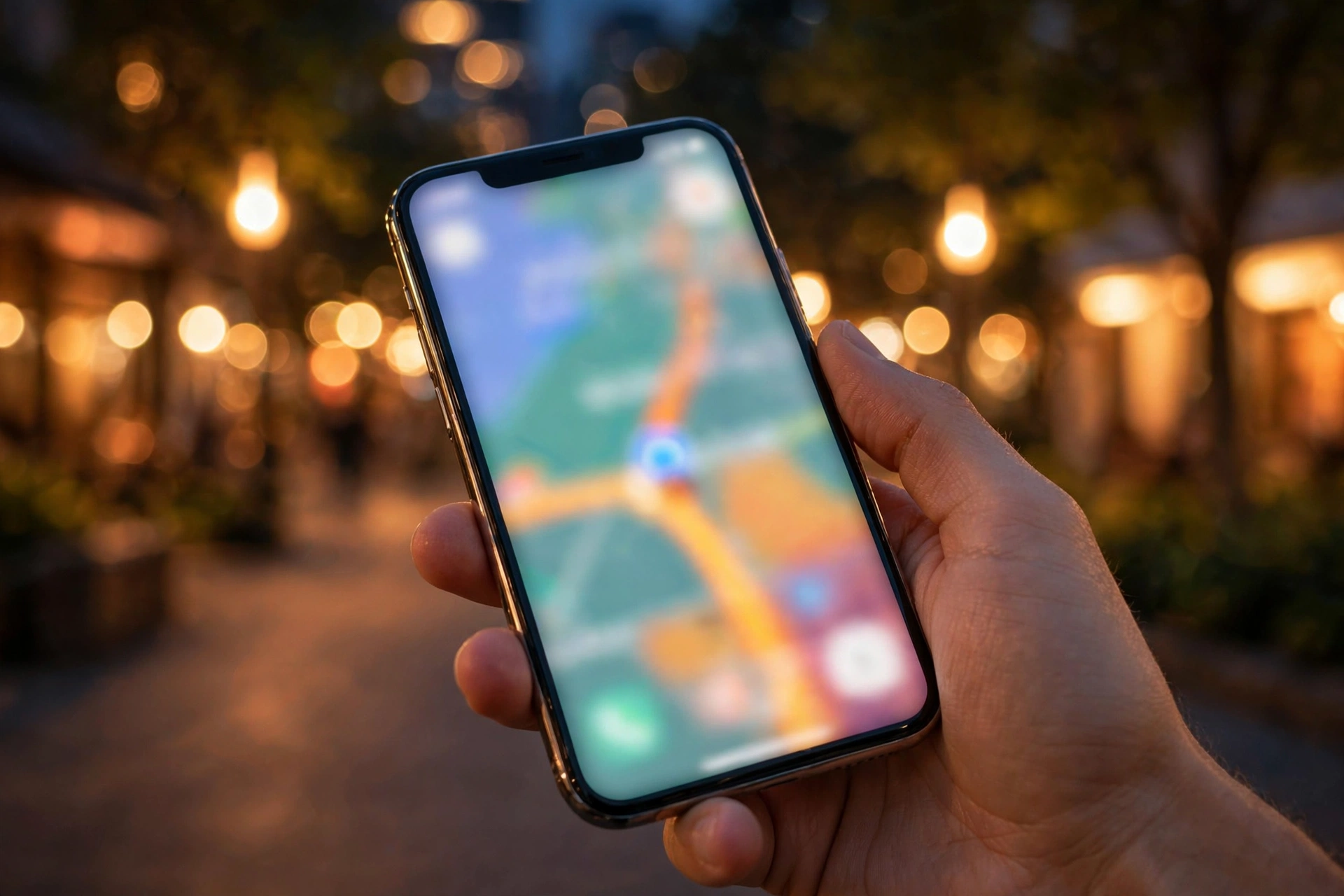 Hand holding a smartphone with navigation map in a Chinese city