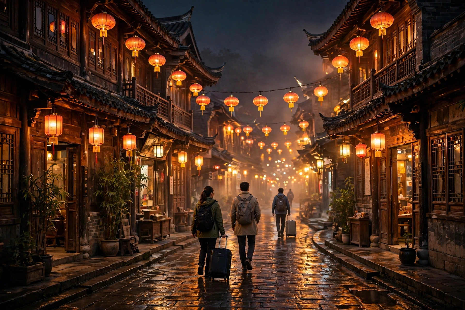 Ancient Chinese old town street at night with glowing lanterns