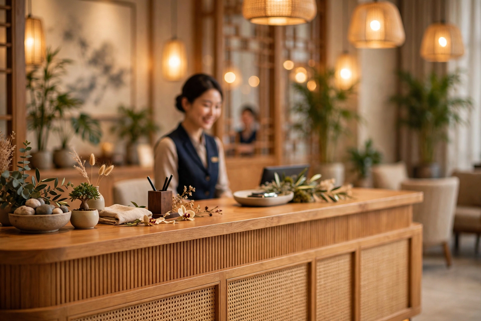 Welcoming modern Chinese hotel lobby reception desk