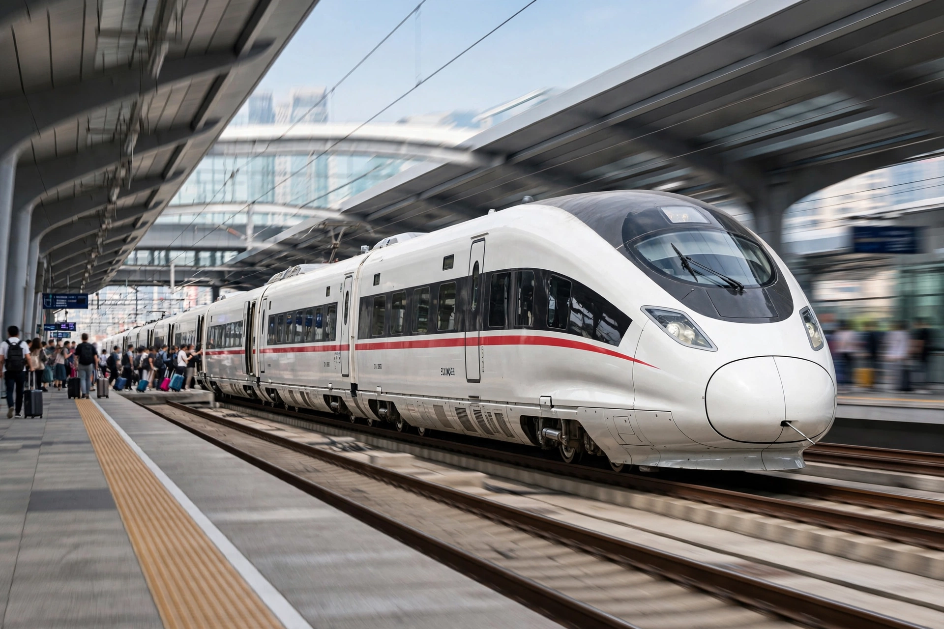 Chinese Fuxing high-speed train at a modern station platform