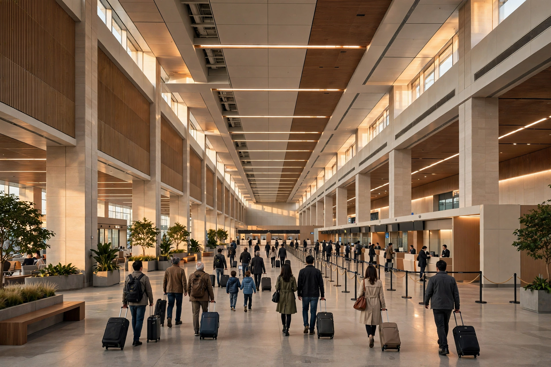 Travelers walking through a modern Chinese airport immigration hall