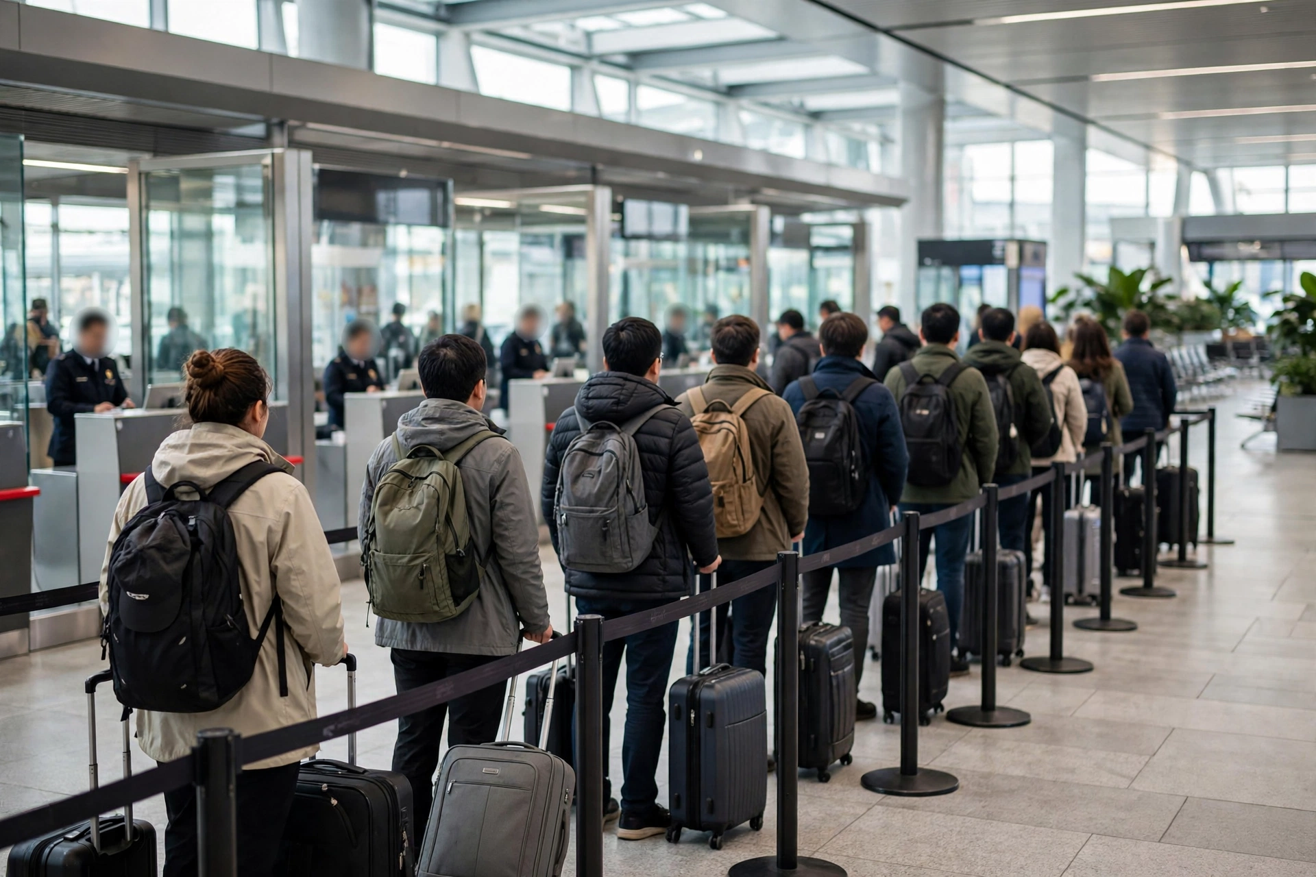 Travelers at airport passport control
