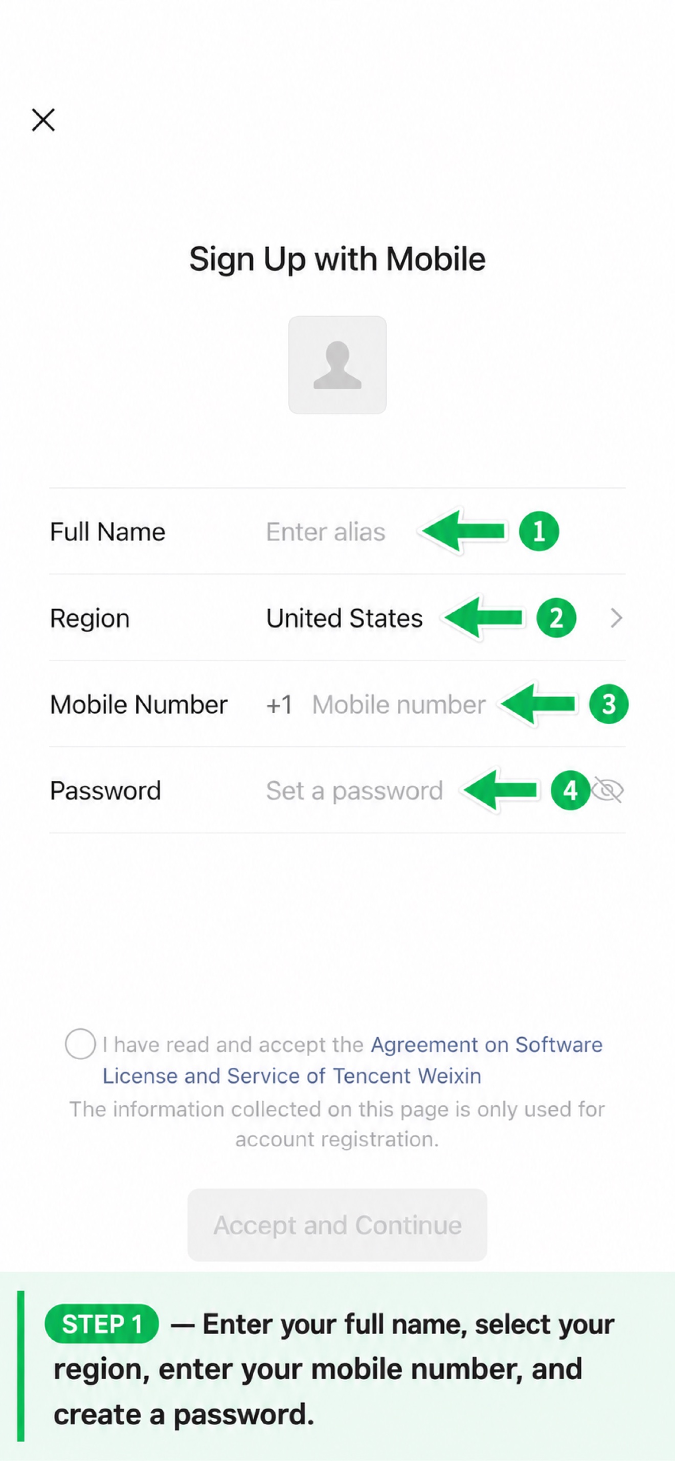 WeChat sign-up step 1