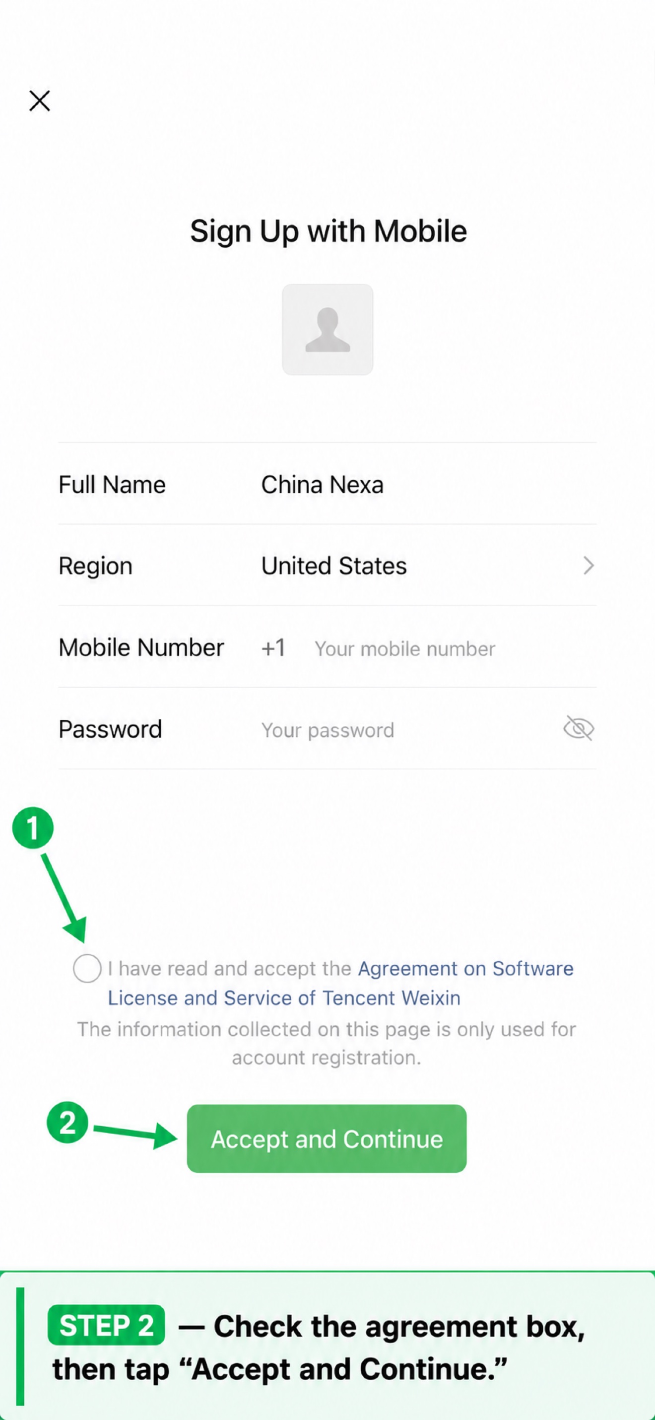 WeChat sign-up step 2